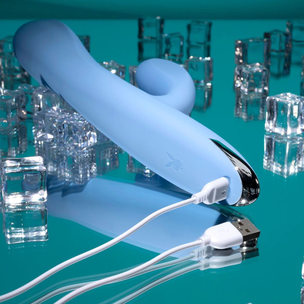 Playboy Pleasure UP AND AWAY - Blue 26.7 cm USB Rechargeable Rabbit Vibrator – Sex toys NZ by Naughtyhut. Discreet delivery nationwide.