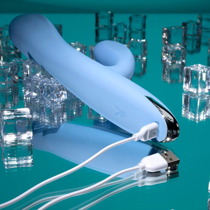 Playboy Pleasure UP AND AWAY - Blue 26.7 cm USB Rechargeable Rabbit Vibrator – Sex toys NZ by Naughtyhut. Discreet delivery nationwide.