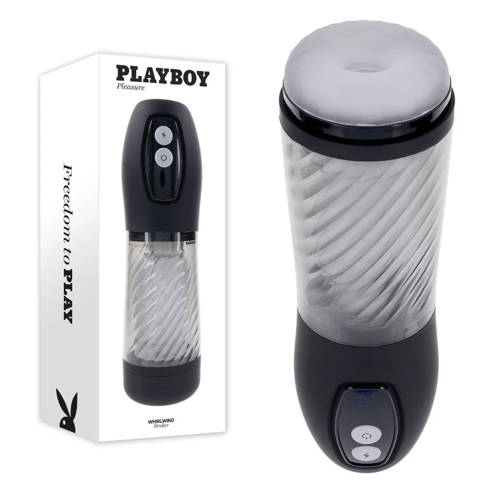 Playboy Pleasure Whirlwind auto stroker beside its retail box, clear spiral sleeve