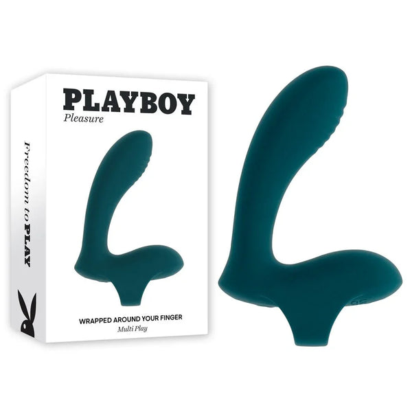 Playboy Pleasure Wrapped Around Your Finger stimulator in green beside its retail box