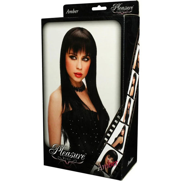 Pleasure Wigs Amber in Black in its window box, model photo on the front