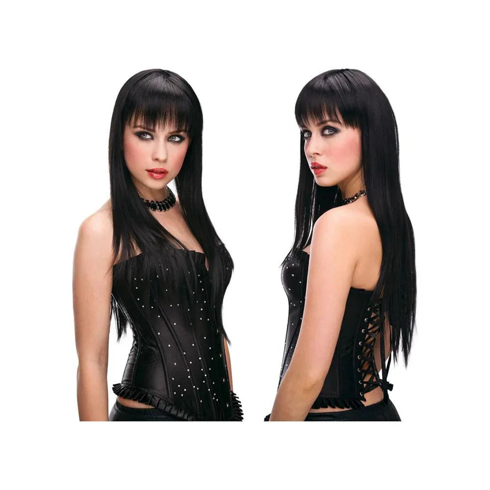 Model wearing the Pleasure Wigs Amber black wig, front and side views