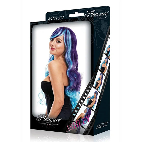 Pleasure Wigs Ashley in Purple and Blue in its window box, model photo on the front