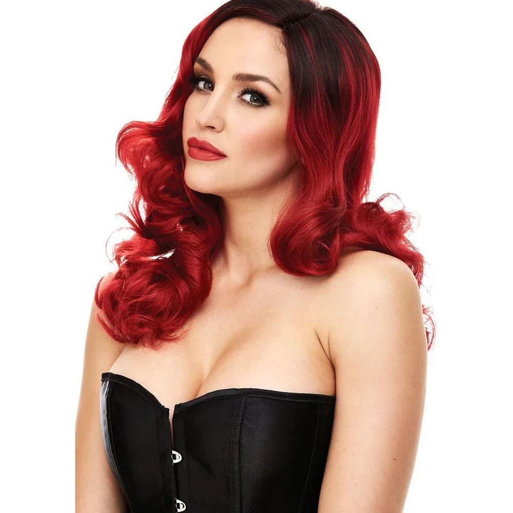 Close-up of a model in the Pleasure Wigs Candice wig, red waves over black underlayer