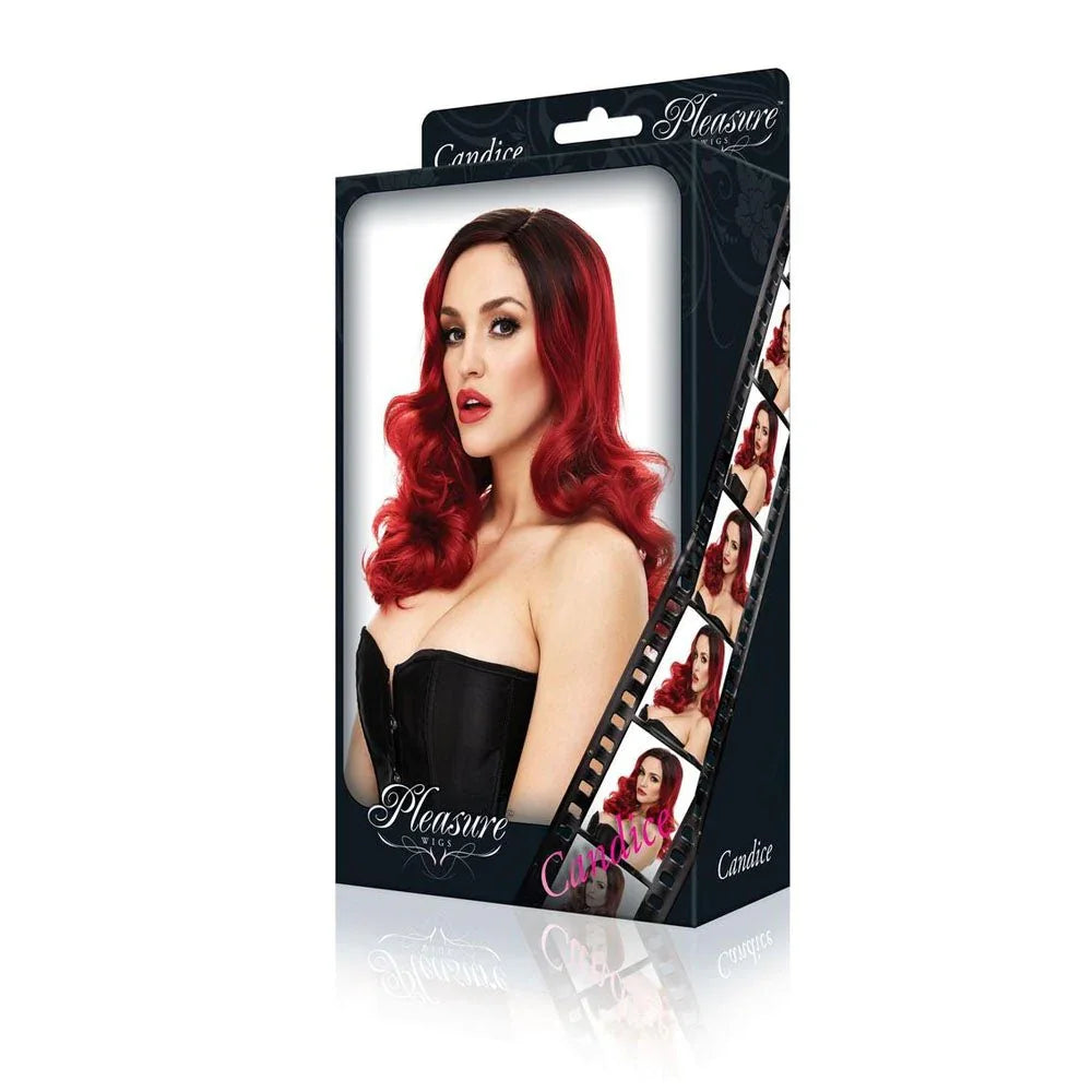 Pleasure Wigs Candice in Red and Black in its window box, model photo on the front