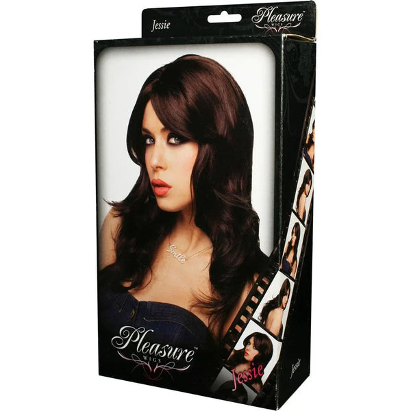 Pleasure Wigs Jessie in Brown in its window box, model photo on the front