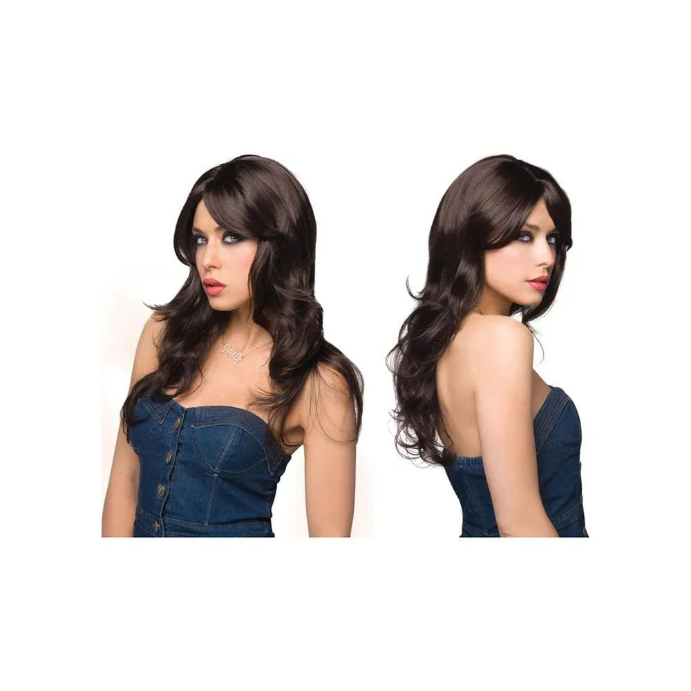 Model wearing the Pleasure Wigs Jessie brunette wig, side and rear views