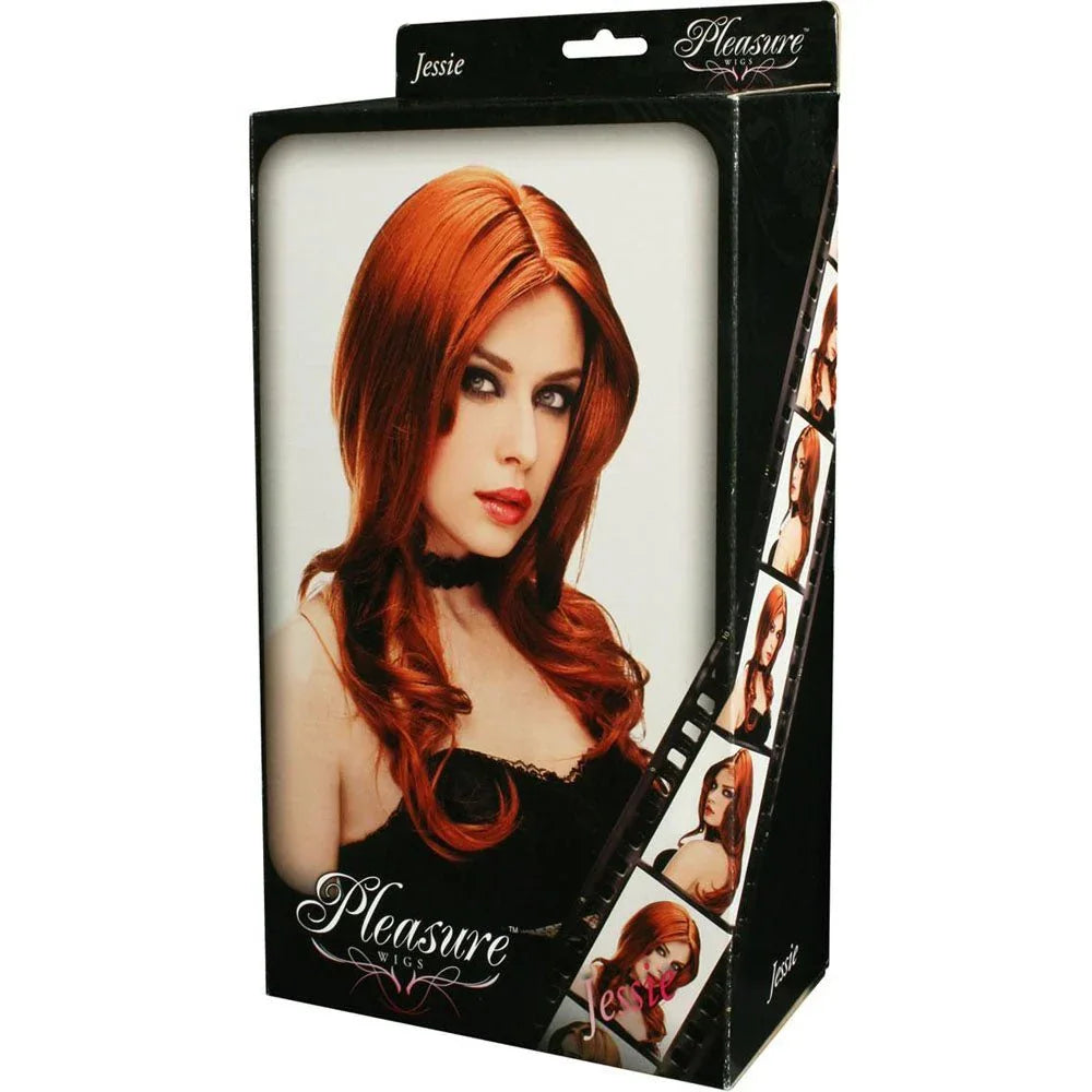 Pleasure Wigs Jessie in Red in its window box, model photo on the front