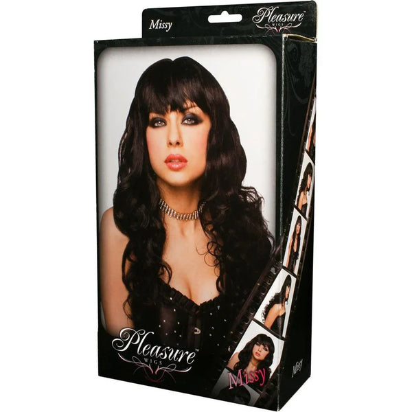 Pleasure Wigs Missy in Black in its window box, model photo on the front