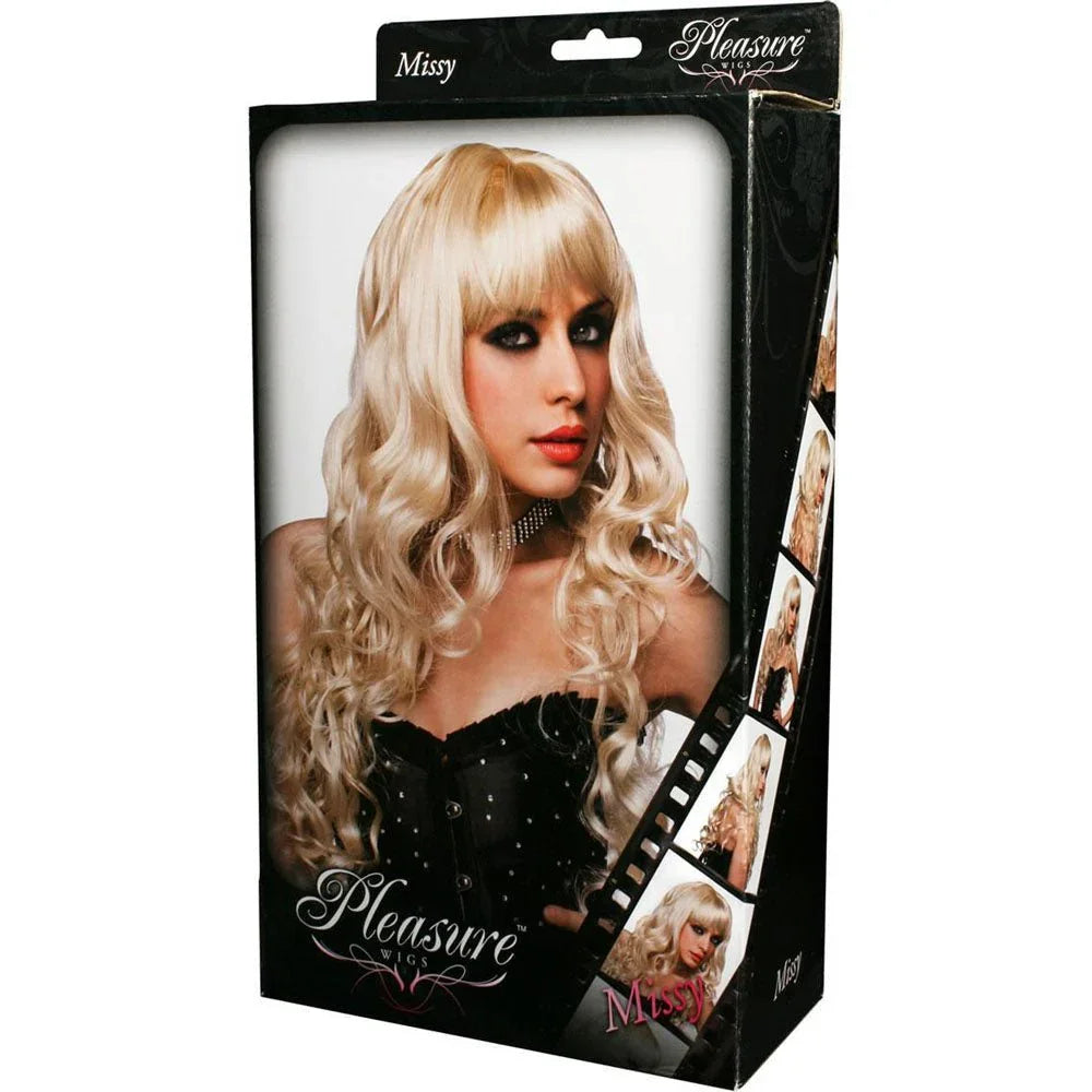 Pleasure Wigs Missy in Platinum Blonde in its window box, model photo on the front