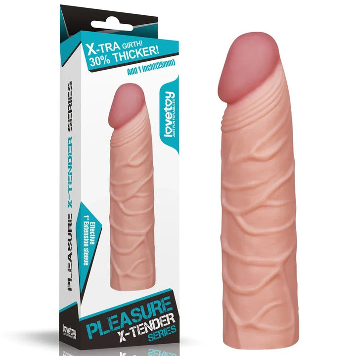 Lovetoy Pleasure X-Tender 1 inch sleeve in Flesh with its X-Tender Series box