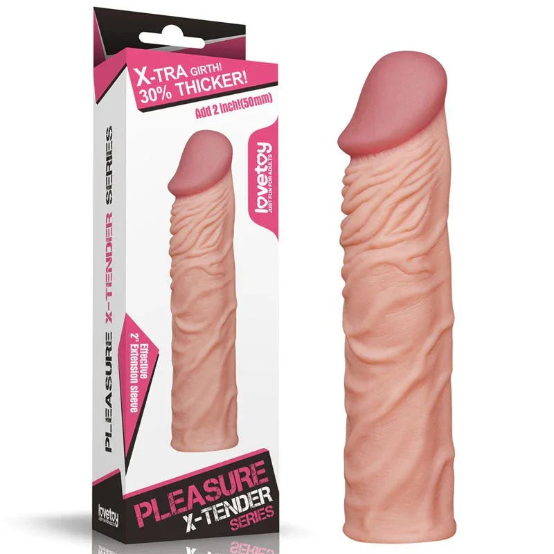 Lovetoy Pleasure X-Tender 2 inch sleeve in Flesh next to its X-Tender Series box