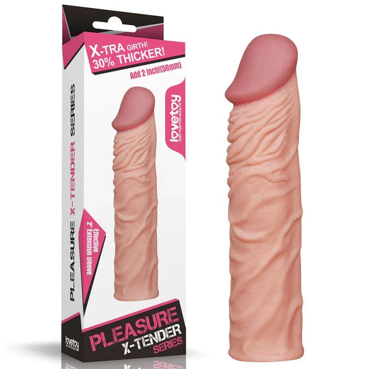 Lovetoy Pleasure X-Tender 2 inch sleeve in Flesh next to its X-Tender Series box