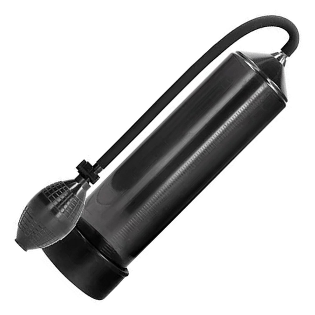 PUMPED Classic Penis Pump in Black – pump cylinder with hose and squeeze bulb on white