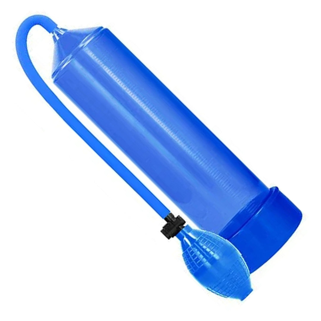 PUMPED Classic Penis Pump in Blue – pump cylinder with hose and squeeze bulb on white