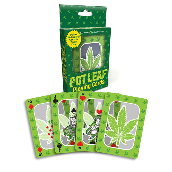 Pot Leaf Playing Cards, green box with four cannabis-print cards fanned out