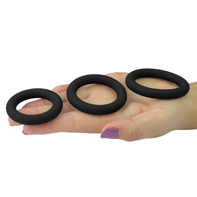 Buy Power Plus Soft Silicone Snug Ring - Black Cock Rings - Set of 3 Sizes – Naughtyhut NZ sex toys online. Discreet delivery & top brands.
