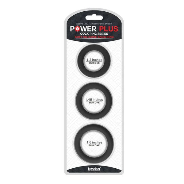 Power Plus snug cock rings, three black silicone rings on card in 1.2, 1.45 and 1.6 inch sizes