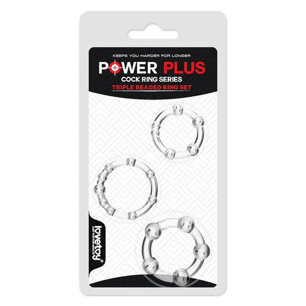 Power Plus triple beaded cock ring set, three clear beaded rings on their backing card