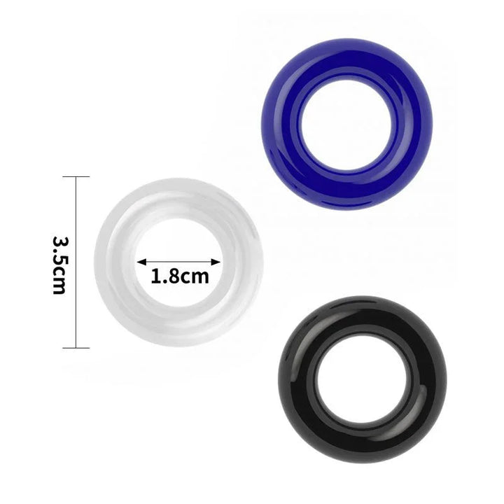 Three donut rings with the clear one measured at 3.5 cm across and an 1.8 cm bore