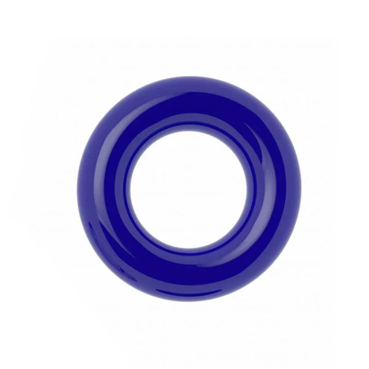 Single blue donut cock ring photographed alone on white, thick glossy silicone