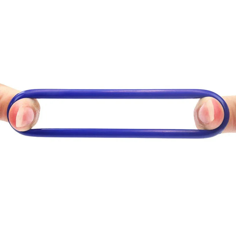 Blue donut ring stretched between two fingers into a long loop