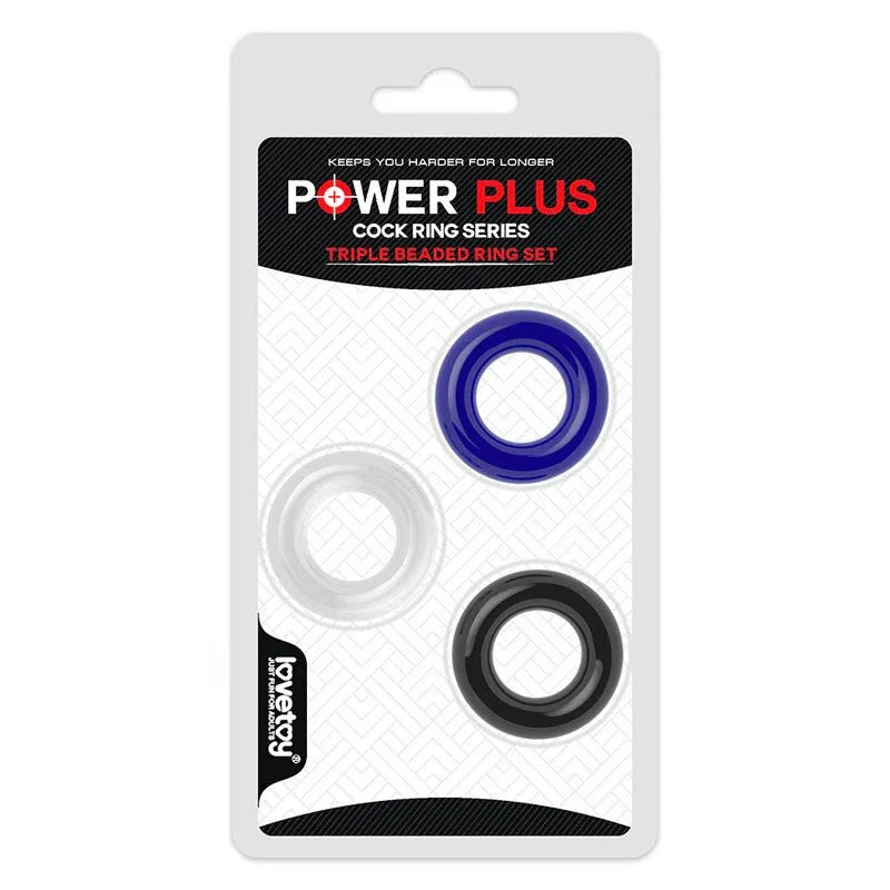Power Plus Triple Donut cock ring set on its card, one blue, one clear and one black ring
