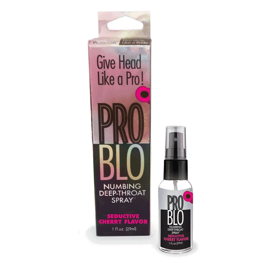 ProBlo Seductive Cherry deep-throat spray, bottle beside its pink ProBlo carton
