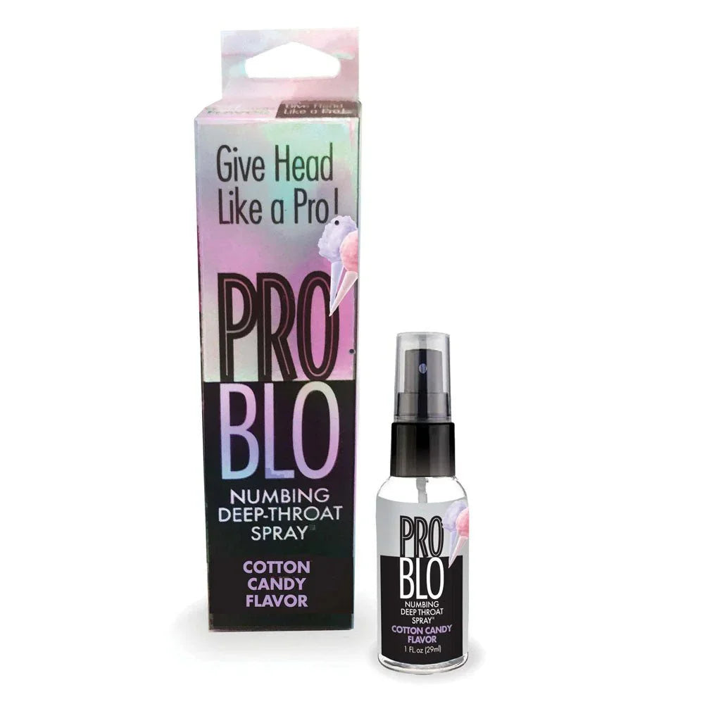 ProBlo Cotton Candy deep-throat spray, bottle beside its pastel ProBlo carton