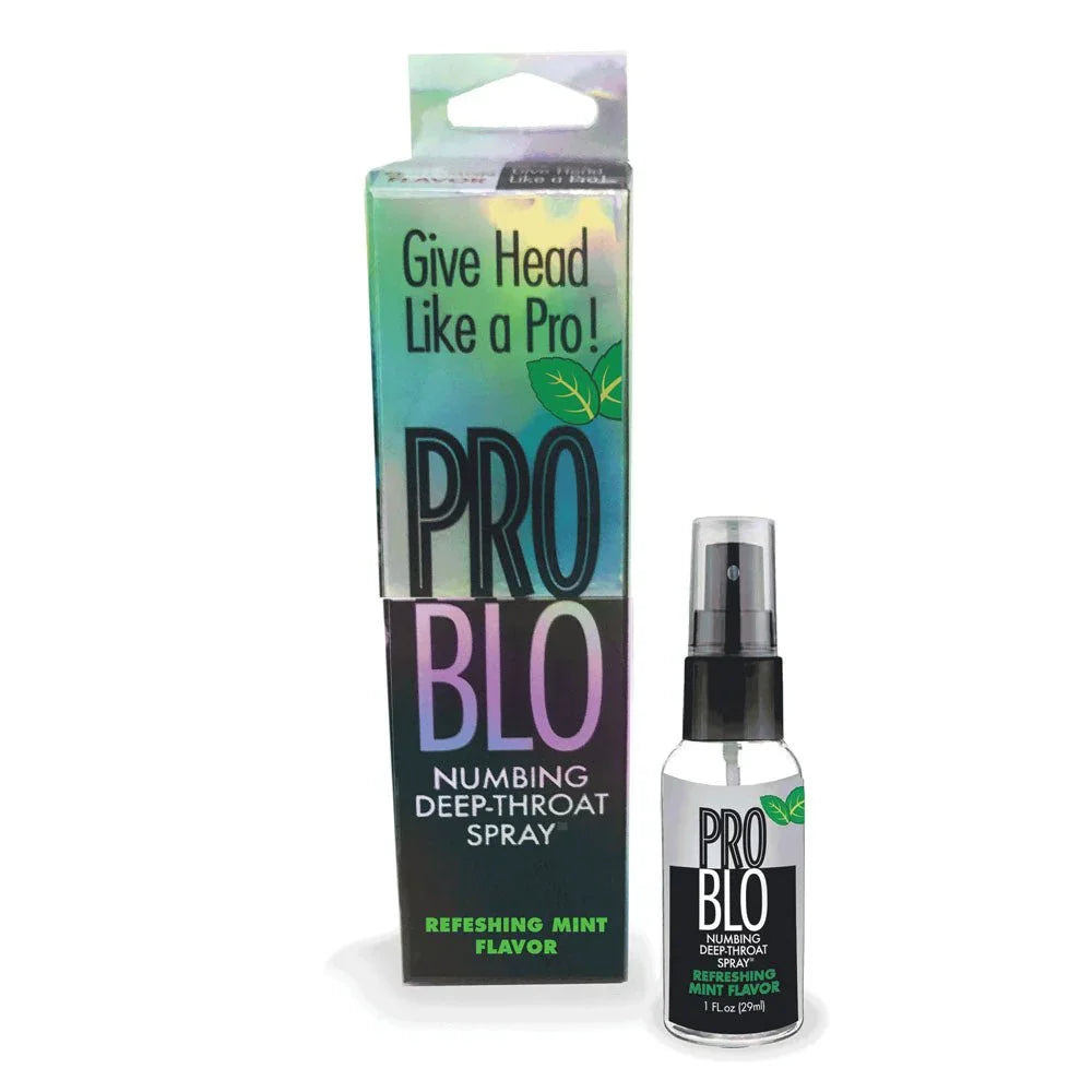 ProBlo Refreshing Mint deep-throat spray, bottle beside its green ProBlo carton