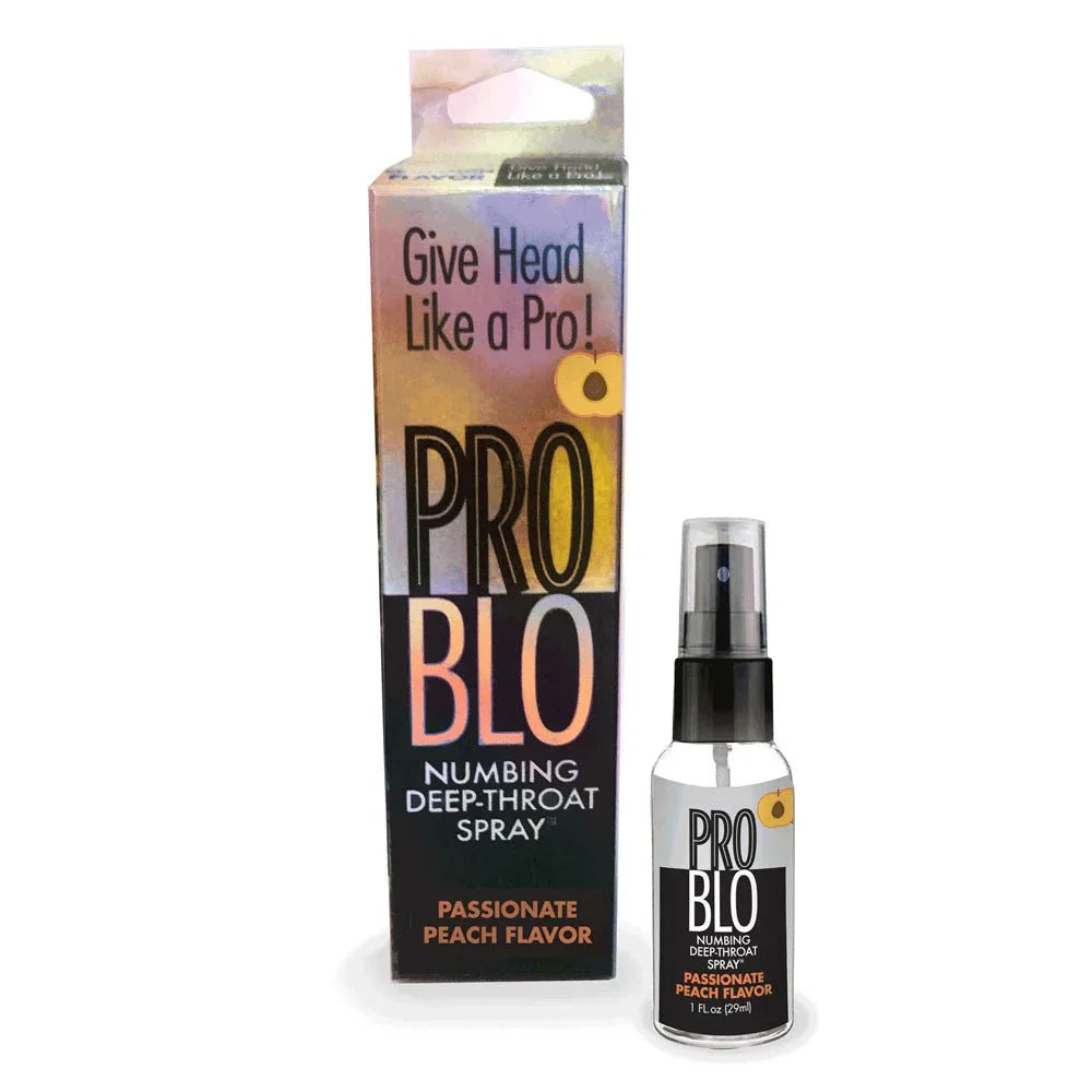 ProBlo Passionate Peach deep-throat spray, bottle beside its peach ProBlo carton