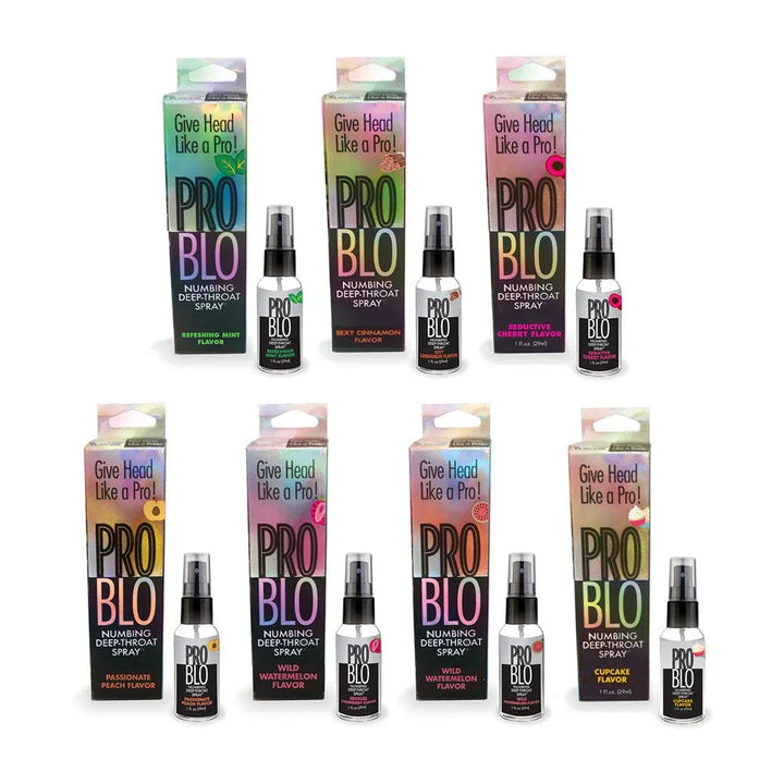 ProBlo deep-throat spray range, seven flavour cartons each with its bottle