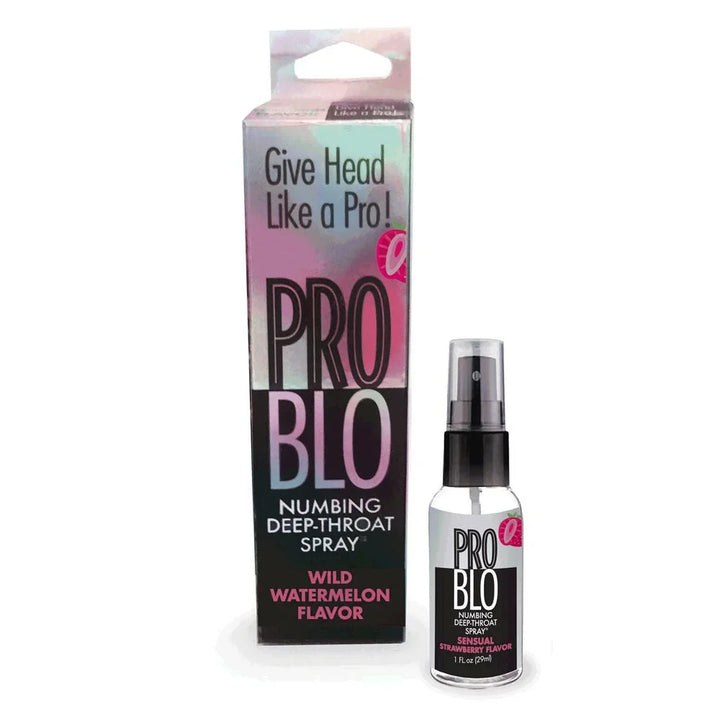 ProBlo Sensual Strawberry deep-throat spray bottle, shown beside a ProBlo carton