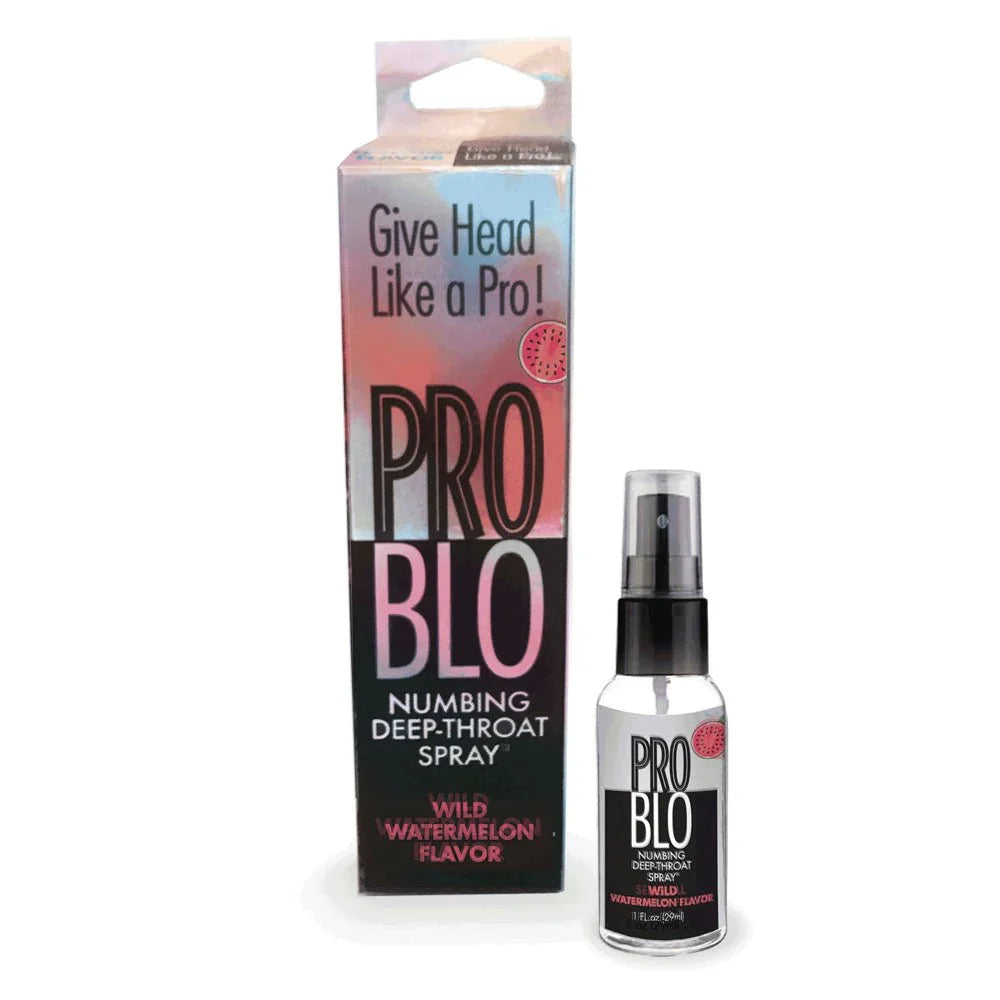 ProBlo Wild Watermelon deep-throat spray, bottle beside its pink ProBlo carton