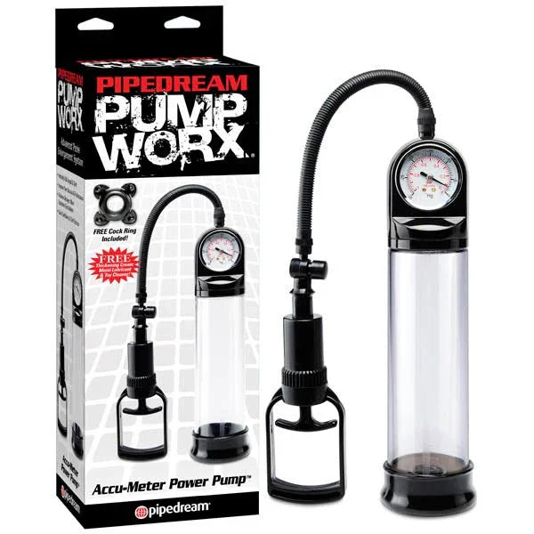 Pipedream Pump Worx Accu-Meter power pump with pressure gauge and trigger grip, plus its box