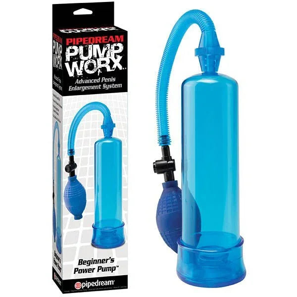 Pipedream Pump Worx Beginner's Power Pump in Blue, cylinder and squeeze bulb, with its box