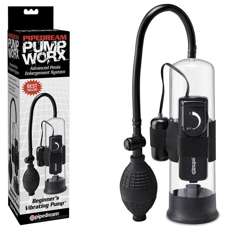 Pipedream Pump Worx beginner's vibrating penis pump, clear cylinder with bulb, beside its box