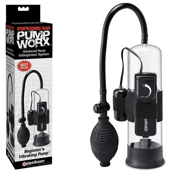 Pipedream Pump Worx beginner's vibrating penis pump, clear cylinder with bulb, beside its box