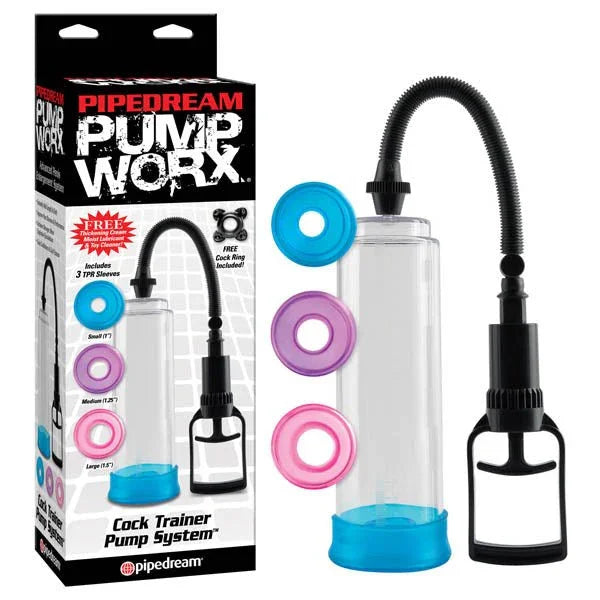 Pump Worx Cock Trainer pump system with three coloured sleeves and its retail box