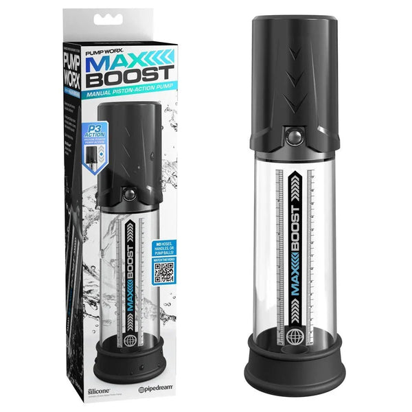 Pump Worx Max Boost piston pump in Black beside its Max Boost retail box
