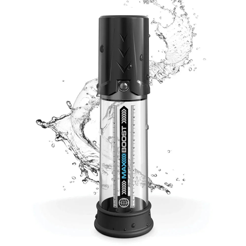 Max Boost pump in Black with water splashing around it, showing it is waterproof