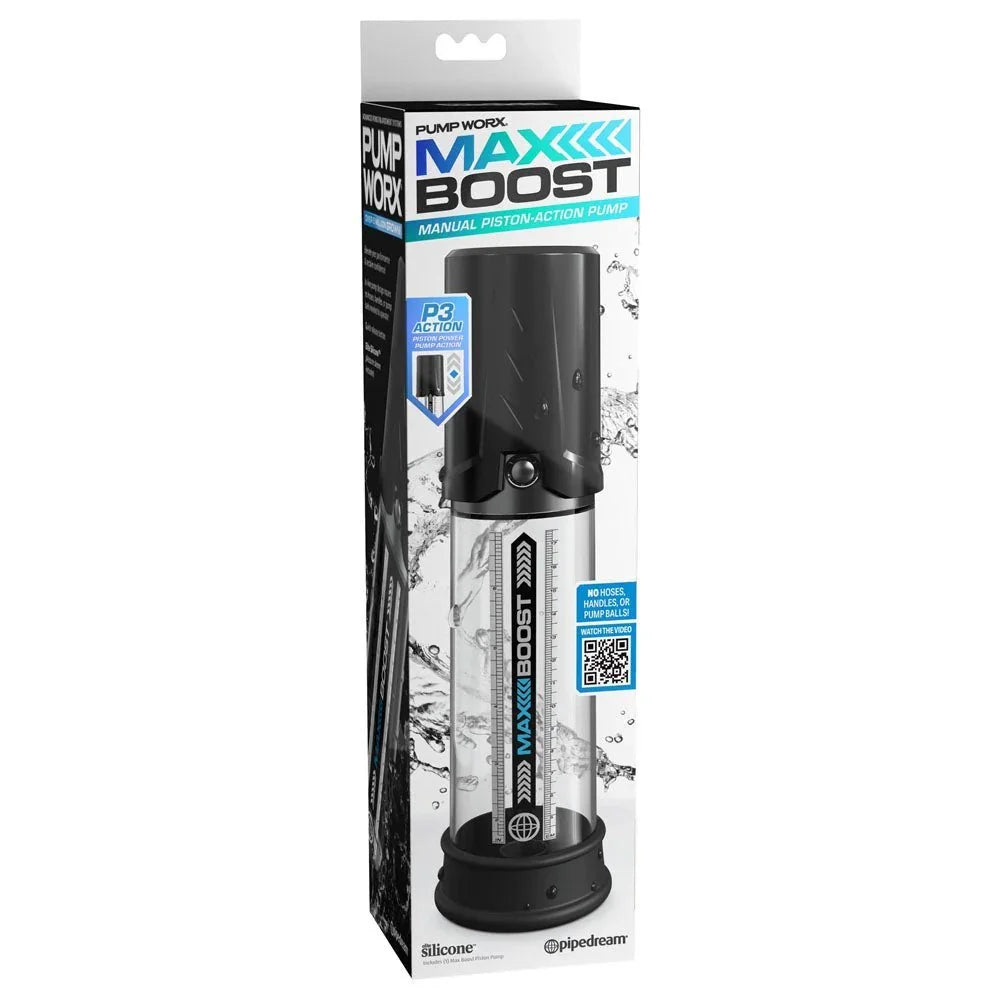 Pump Worx Max Boost retail box in black, manual piston-action pump
