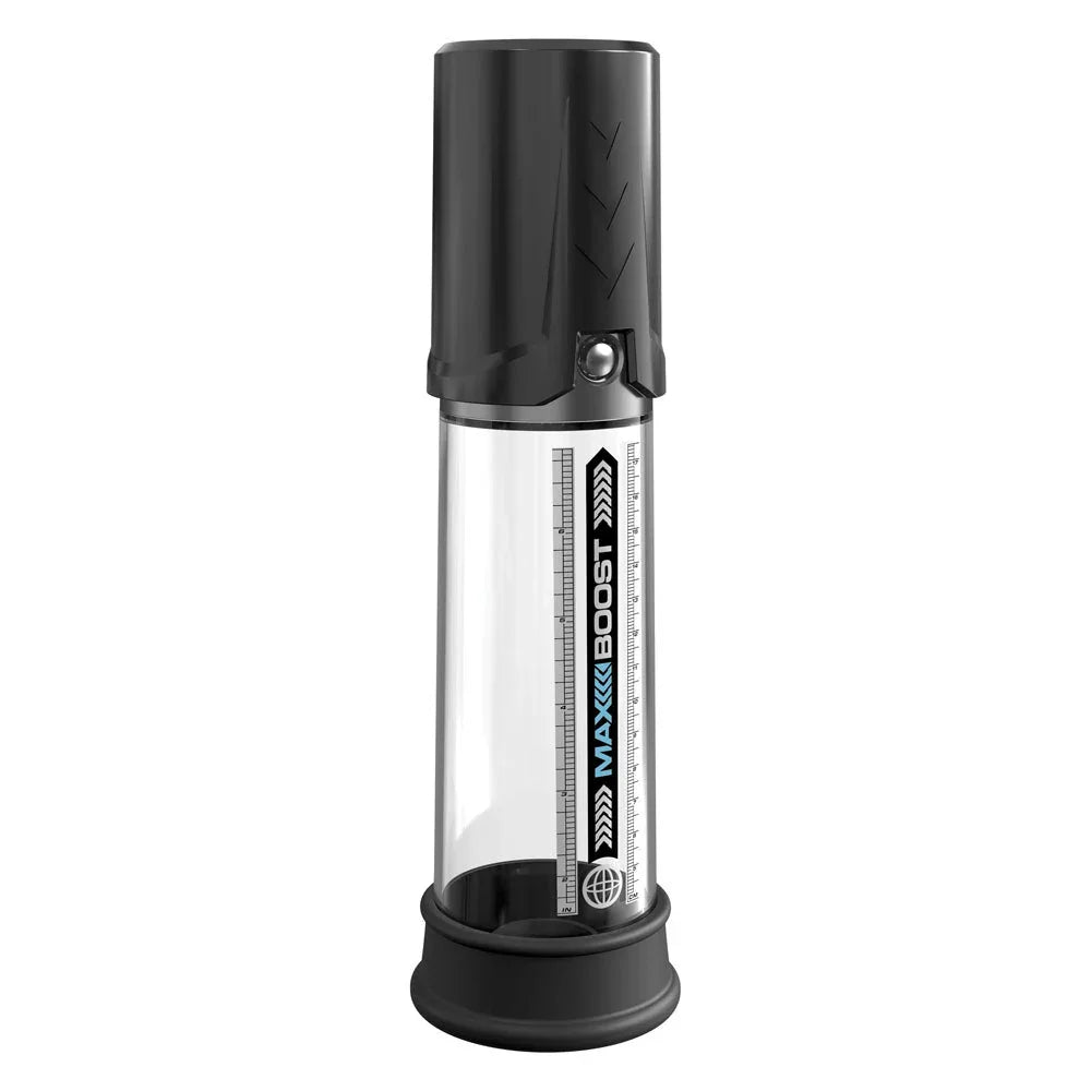 Max Boost pump in Black straight on, showing the graduated gauge down the cylinder