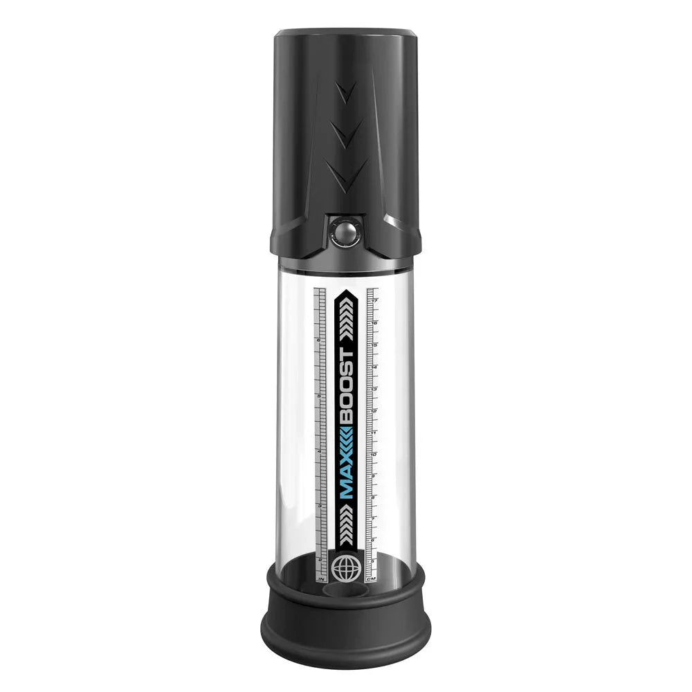 Max Boost pump in Black upright, clear cylinder with the measurement scale and piston handle