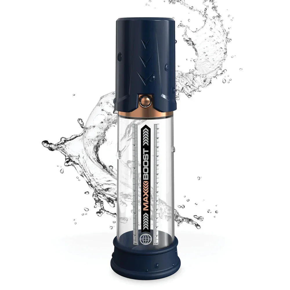 Max Boost pump in Blue with water splashing around the cylinder