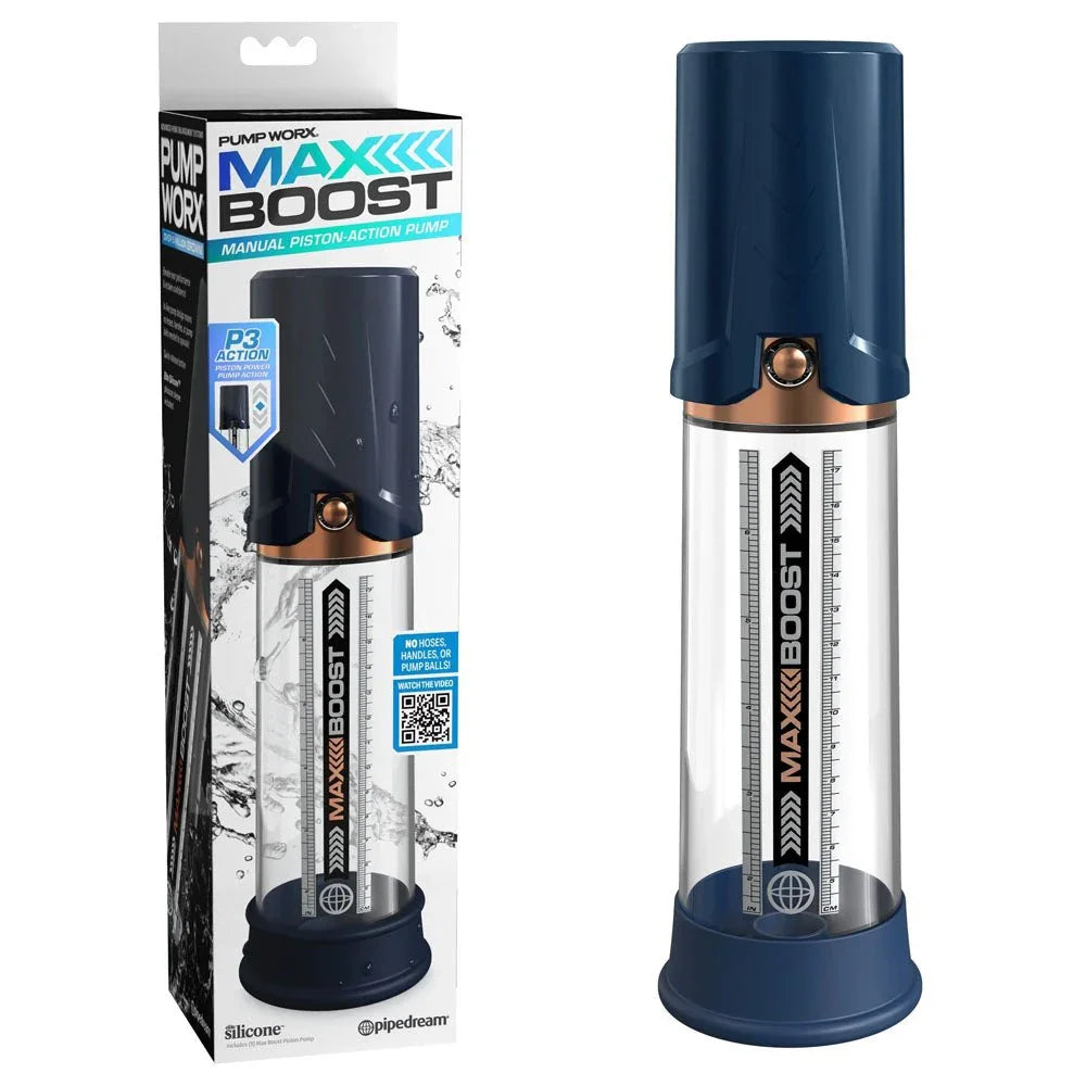 Pump Worx Max Boost piston pump in Blue next to its Max Boost retail box
