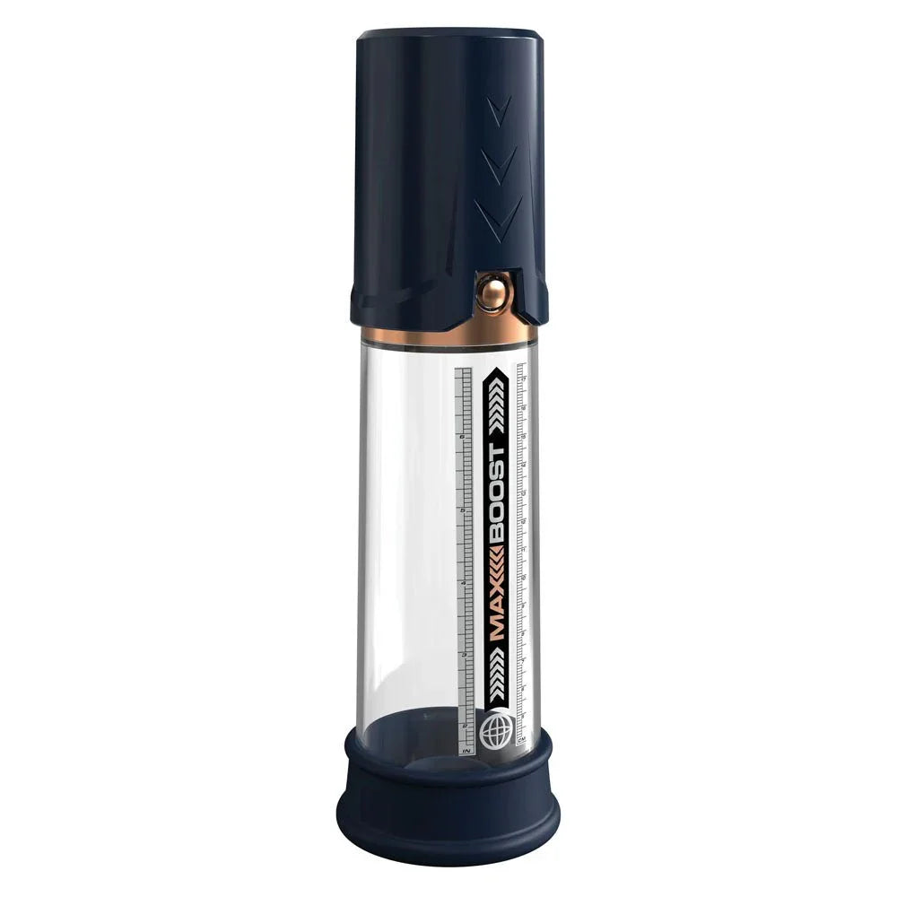 Max Boost pump in Blue from the front, measurement scale running up the barrel