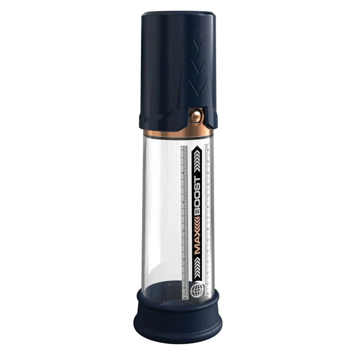 Max Boost pump in Blue from the front, measurement scale running up the barrel