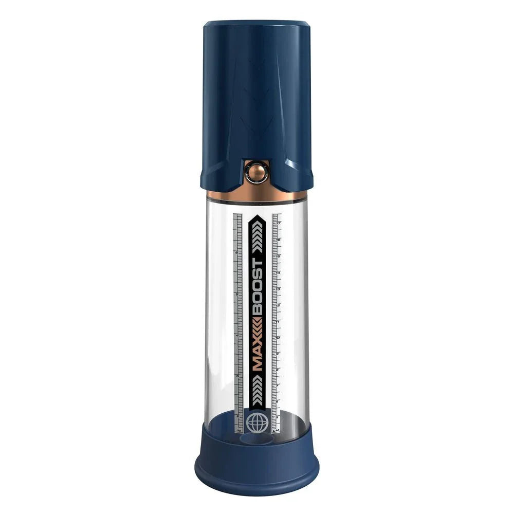 Max Boost pump in Blue upright, navy handle and copper trim over the clear cylinder