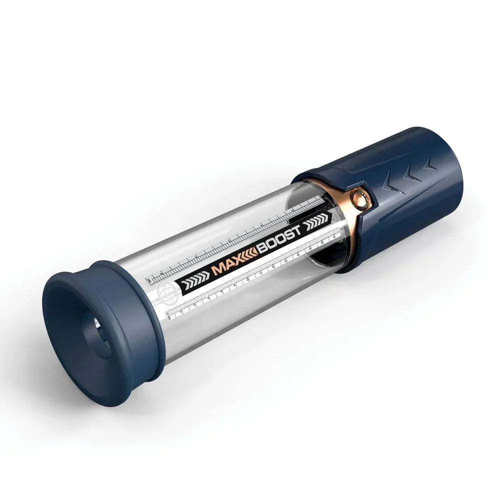 Max Boost pump in Blue on its side, showing the sleeve opening and piston grip